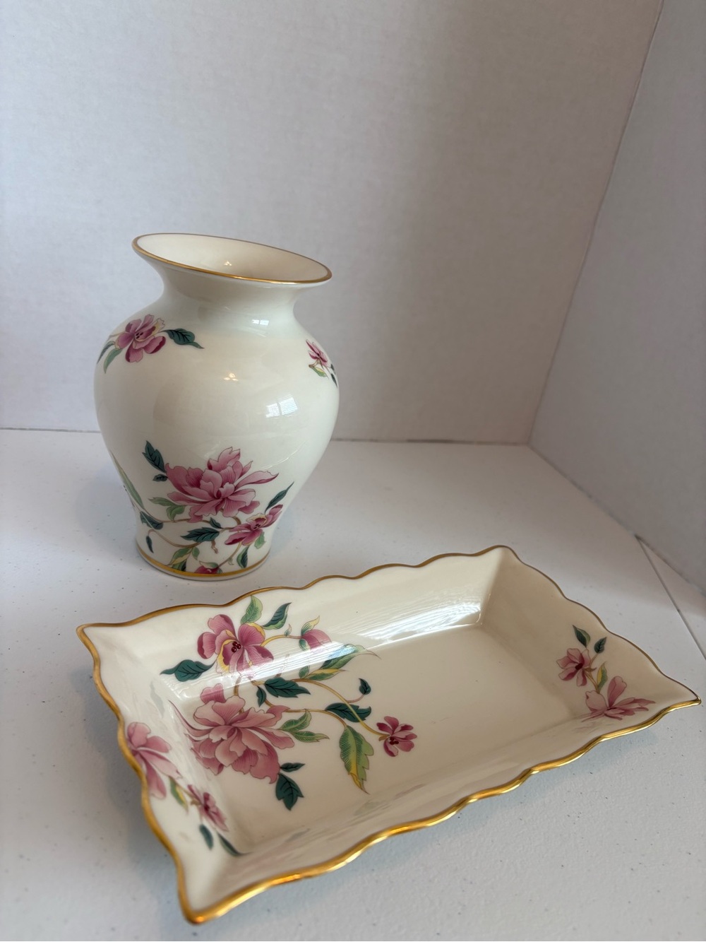Lenox Pink Floral Gold-Trim Porcelain Vase and Trinket Dish